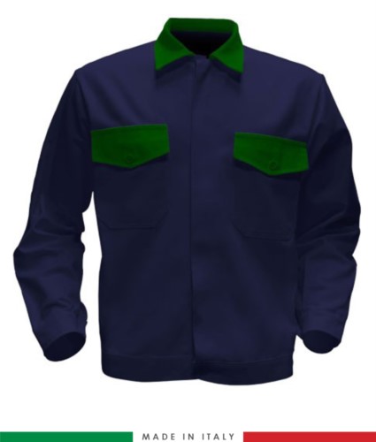 Two tone work jacket, Made in Italy. Two chest pockets. Possibility of customization. Color navy blue/ bright green