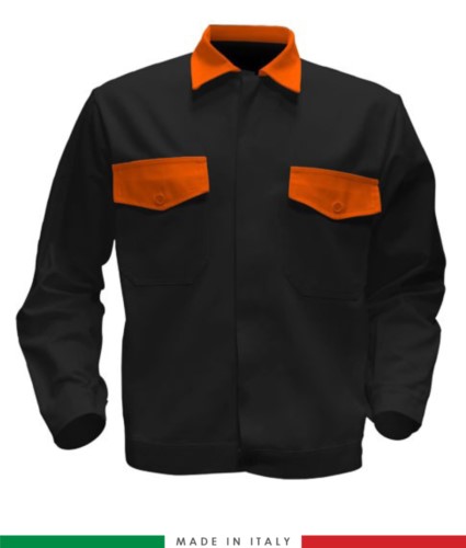 Two tone work jacket, Made in Italy. Two chest pockets. Possibility of customization. Color black/orange