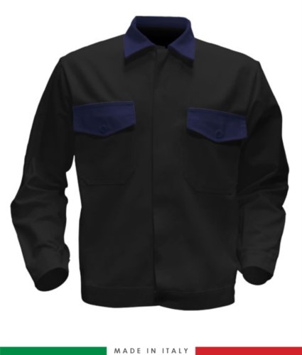 Two tone work jacket, Made in Italy. Two chest pockets. Possibility of customization. Color black/navy blue