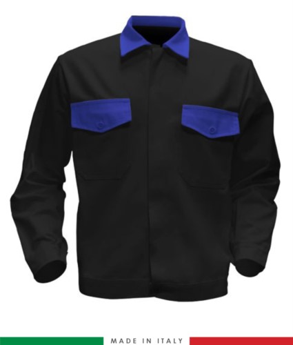 Two tone work jacket, Made in Italy. Two chest pockets. Possibility of customization. Color black/ royal blue