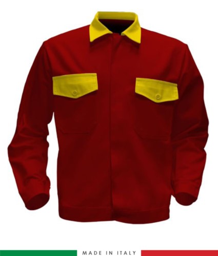 Two tone work jacket, Made in Italy. Two chest pockets. Possibility of customization. Color red/yellow