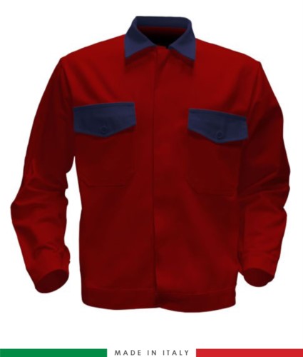 Two tone work jacket, Made in Italy. Two chest pockets. Possibility of customization. Color red/navy blue