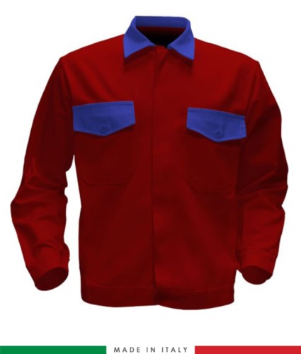 Two tone work jacket, Made in Italy. Two chest pockets. Possibility of customization. Color red/royal blue