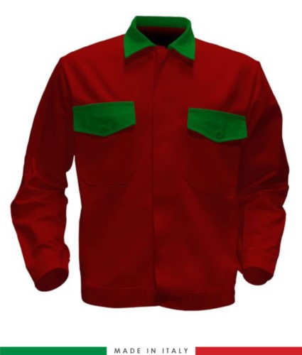 Two tone work jacket, Made in Italy. Two chest pockets. Possibility of customization. Color red/bright green