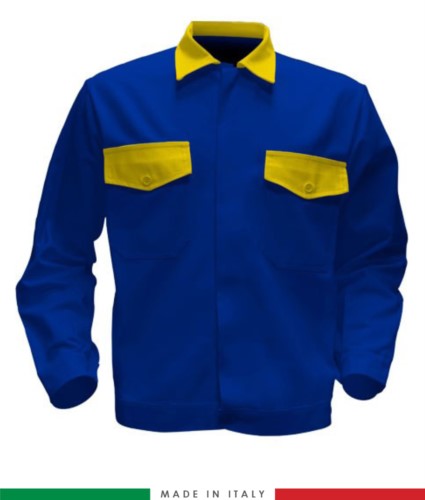 Two tone work jacket, Made in Italy. Two chest pockets. Possibility of customization. Color royal blue/yellow
