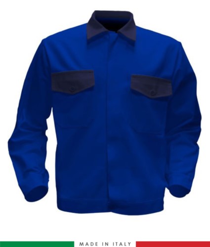 Two tone work jacket, Made in Italy. Two chest pockets. Possibility of customization. Color royal blue/ navy blue