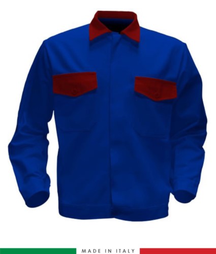 Two tone work jacket, Made in Italy. Two chest pockets. Possibility of customization. Color royal blue/ red