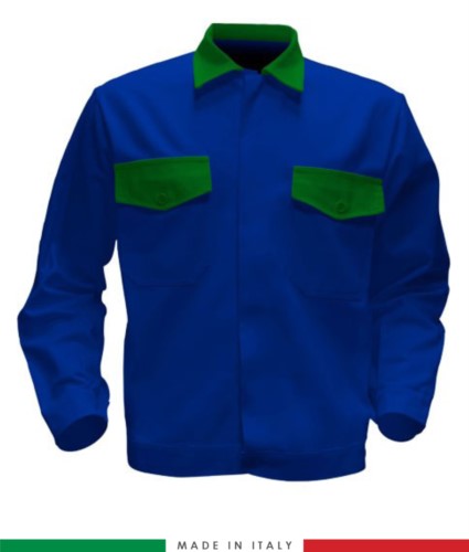 Two tone work jacket, Made in Italy. Two chest pockets. Possibility of customization. Color royal blue / bright green