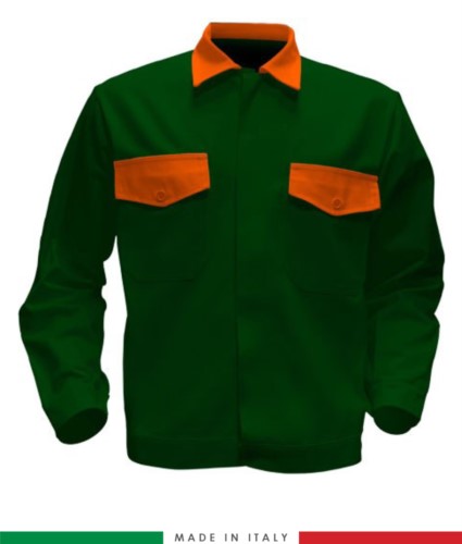 Two tone work jacket, Made in Italy. Two chest pockets. Possibility of customization. Color bottle green/ orange