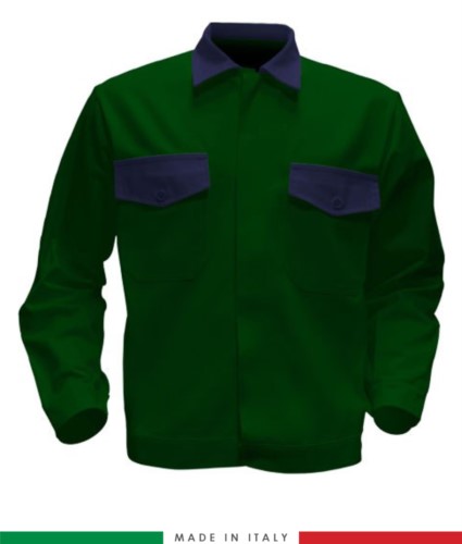 Two tone work jacket, Made in Italy. Two chest pockets. Possibility of customization. Color bottle green/ navy blue
