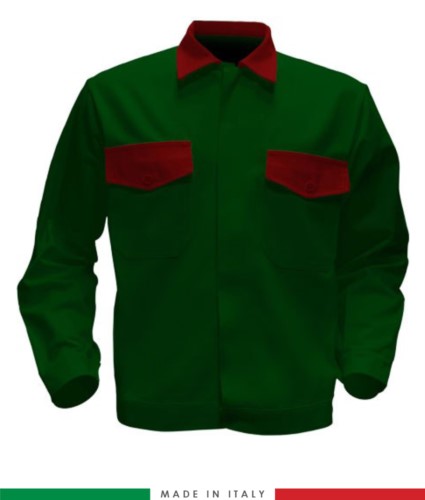 Two tone work jacket, Made in Italy. Two chest pockets. Possibility of customization. Color bottle green/red