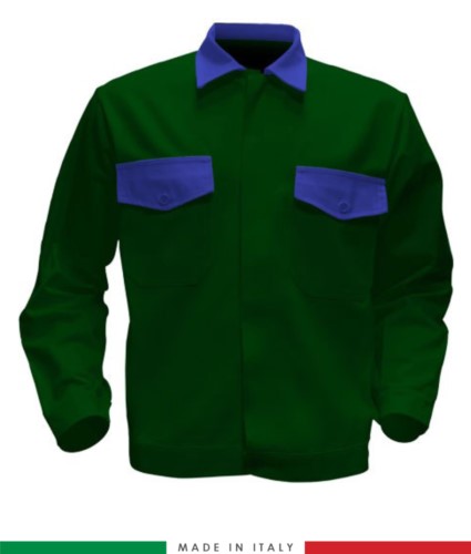 Two tone work jacket, Made in Italy. Two chest pockets. Possibility of customization. Color bottle green/ royal blue