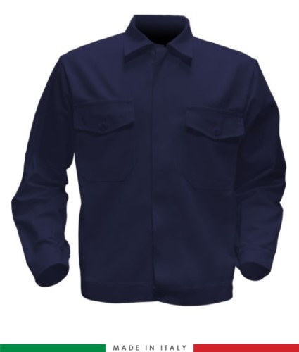 Two tone work jacket, Made in Italy. Two chest pockets. Possibility of customization. Color navy blue