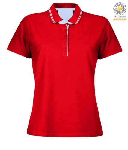 Women short sleeved jersey polo shirt, rib collar and bottom sleeve with double piping, internal neck reinforcement, colour red