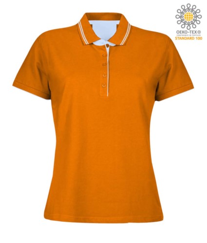 Women short sleeved jersey polo shirt, rib collar and bottom sleeve with double piping, internal neck reinforcement, colour orange