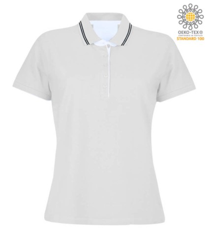 Women short sleeved jersey polo shirt, rib collar and bottom sleeve with double piping, internal neck reinforcement, colour white