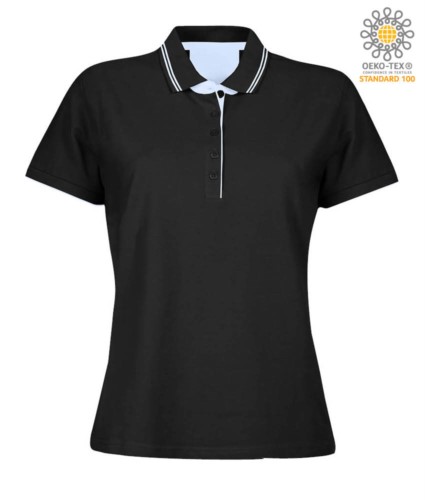 Women short sleeved jersey polo shirt, rib collar and bottom sleeve with double piping, internal neck reinforcement, colour black