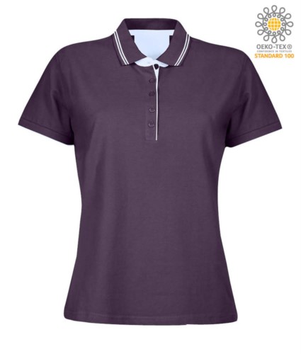 Women short sleeved jersey polo shirt, rib collar and bottom sleeve with double piping, internal neck reinforcement, colour purple