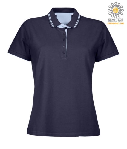 Women short sleeved jersey polo shirt, rib collar and bottom sleeve with double piping, internal neck reinforcement, colour navy blue 