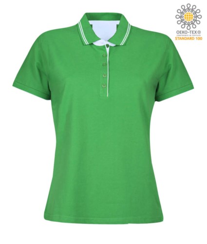 Women short sleeved jersey polo shirt, rib collar and bottom sleeve with double piping, internal neck reinforcement, colour Light Green 