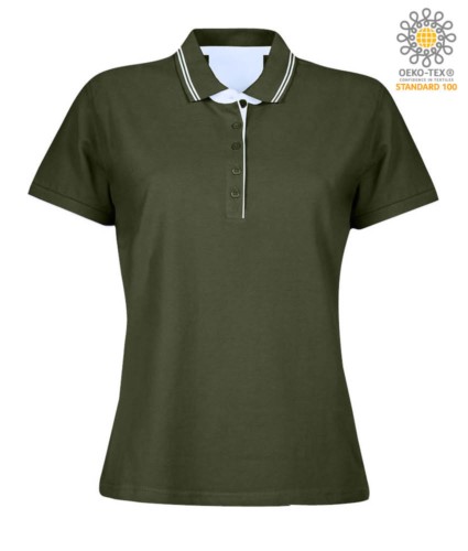 Women short sleeved jersey polo shirt, rib collar and bottom sleeve with double piping, internal neck reinforcement, colour Army Green