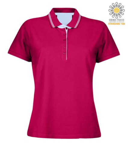 Women short sleeved jersey polo shirt, rib collar and bottom sleeve with double piping, internal neck reinforcement, colour fuchsia