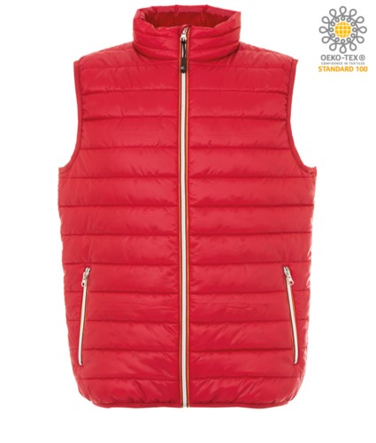padded vest in shiny nylon, waterproof, red colour, with polyester lining