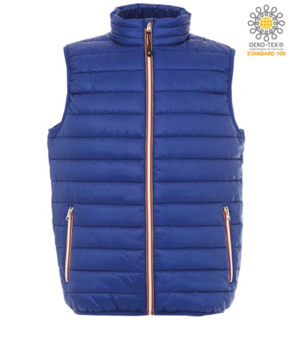 padded vest in shiny nylon, waterproof, light blue colour, with polyester lining