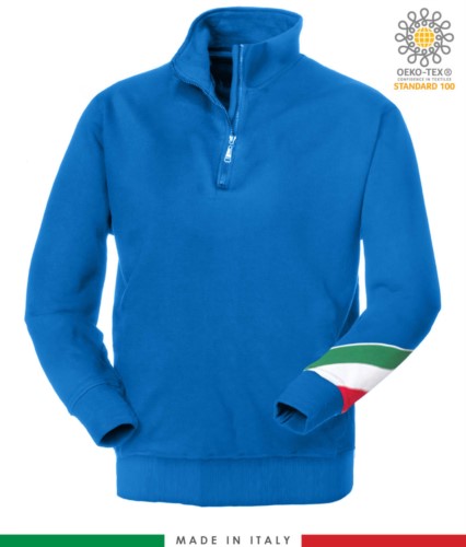 work sweatshirt with short zip made in Italy wholesale Royal Blue color with italian flag