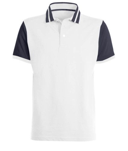 Two-tone half sleeve polo shirt with contrasting stripes on the collar, two-tone sleeves. White / blue colour