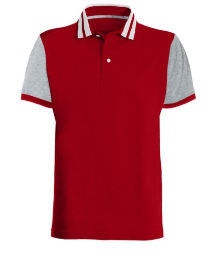 Two-tone half sleeve polo shirt with contrasting stripes on the collar, two-tone sleeves. Red /melange grey colour