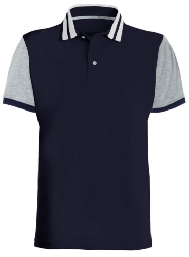 Two-tone half sleeve polo shirt with contrasting stripes on the collar, two-tone sleeves. Navy Blue/Melange Grey colour
