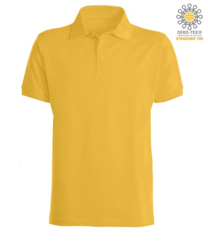 Short sleeve polo shirt with ribbed cotton sleeve bottoms. Color gold