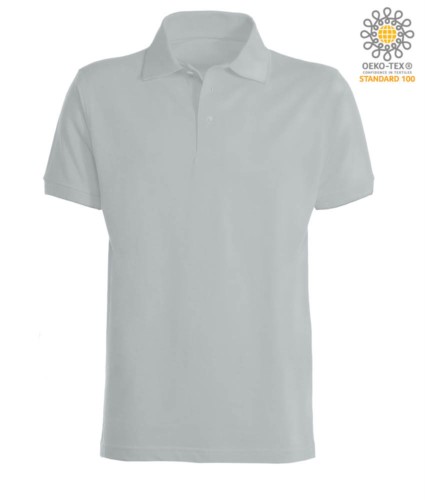 Short sleeve polo shirt with ribbed cotton sleeve bottoms. Color pacific grey
