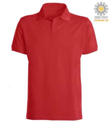 Short sleeve polo shirt with ribbed cotton sleeve bottoms. Color red