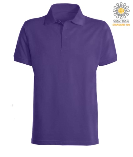 Short sleeve polo shirt with ribbed cotton sleeve bottoms. Color purple