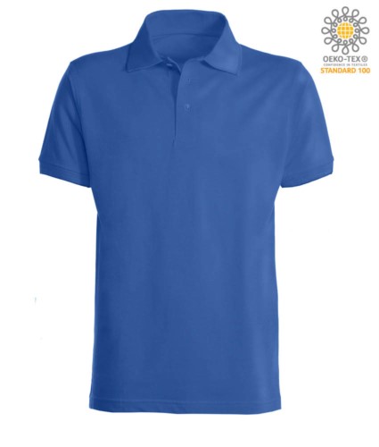 Short sleeve polo shirt with ribbed cotton sleeve bottoms. Color Royal blue