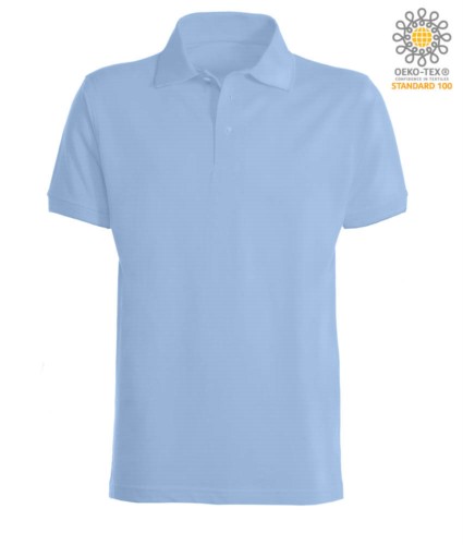 Short sleeve polo shirt with ribbed cotton sleeve bottoms. Color Sky blue