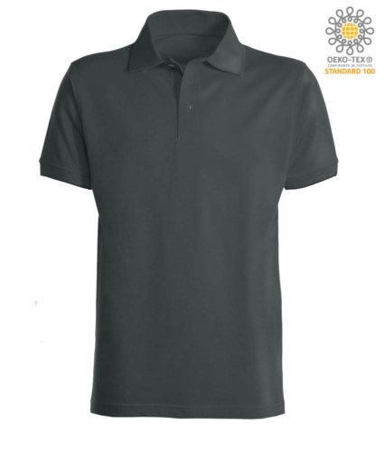 Short sleeve polo shirt with ribbed cotton sleeve bottoms. Color Dark Grey