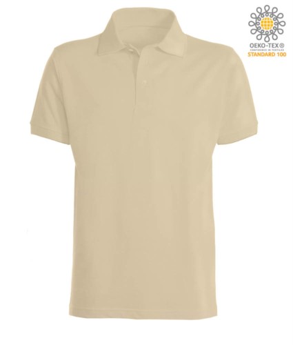 Short sleeve polo shirt with ribbed cotton sleeve bottoms. Color Sand