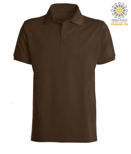Short sleeve polo shirt with ribbed cotton sleeve bottoms. Color Brown