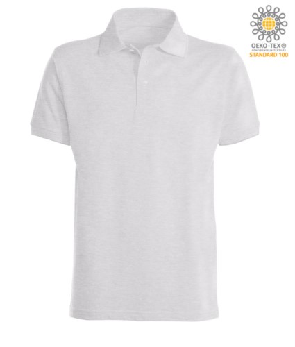 Short sleeve polo shirt with ribbed cotton sleeve bottoms. Color Ash