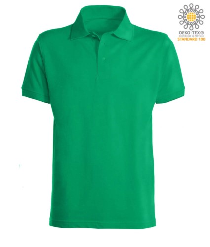 Short sleeve polo shirt with ribbed cotton sleeve bottoms. Color Kelly green
