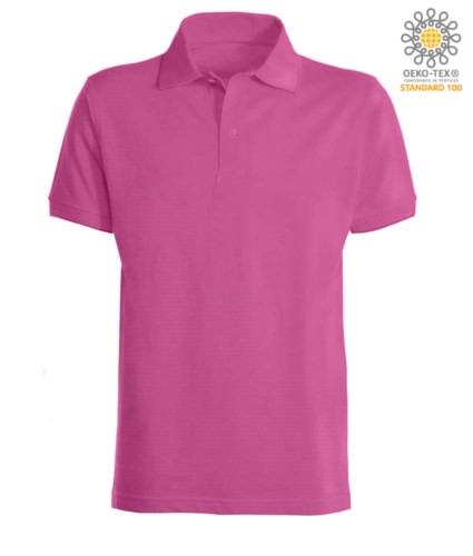 Short sleeve polo shirt with ribbed cotton sleeve bottoms. Color Fuchsia