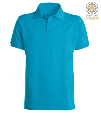 Short sleeve polo shirt with ribbed cotton sleeve bottoms. Color Atoll Blue