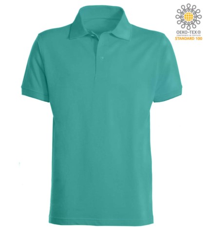 Short sleeve polo shirt with ribbed cotton sleeve bottoms. Color turqoise