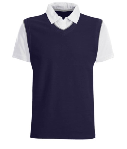 Short sleeve polo with contrasting collar and sleeves, contrasting piping. Colour navy blue/ white
