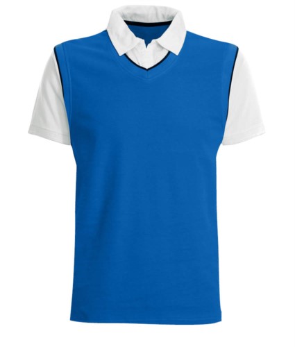 Short sleeve polo with contrasting collar and sleeves, contrasting piping. Colour royal blue / white