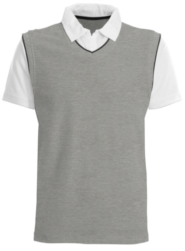 Short sleeve polo with contrasting collar and sleeves, contrasting piping. Colour Grey Melange/white