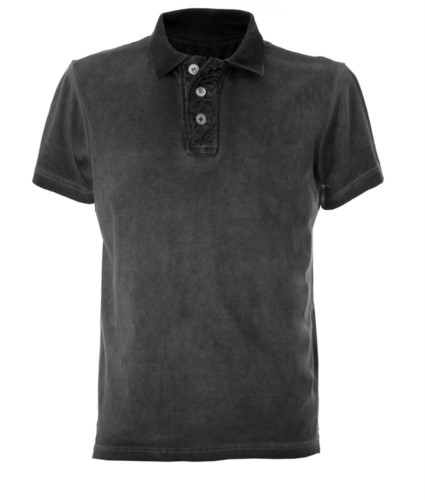 Short sleeve jersey polo shirt, three buttons closure, rib collar, creased cuff, 100% combed cotton fabric, color: black